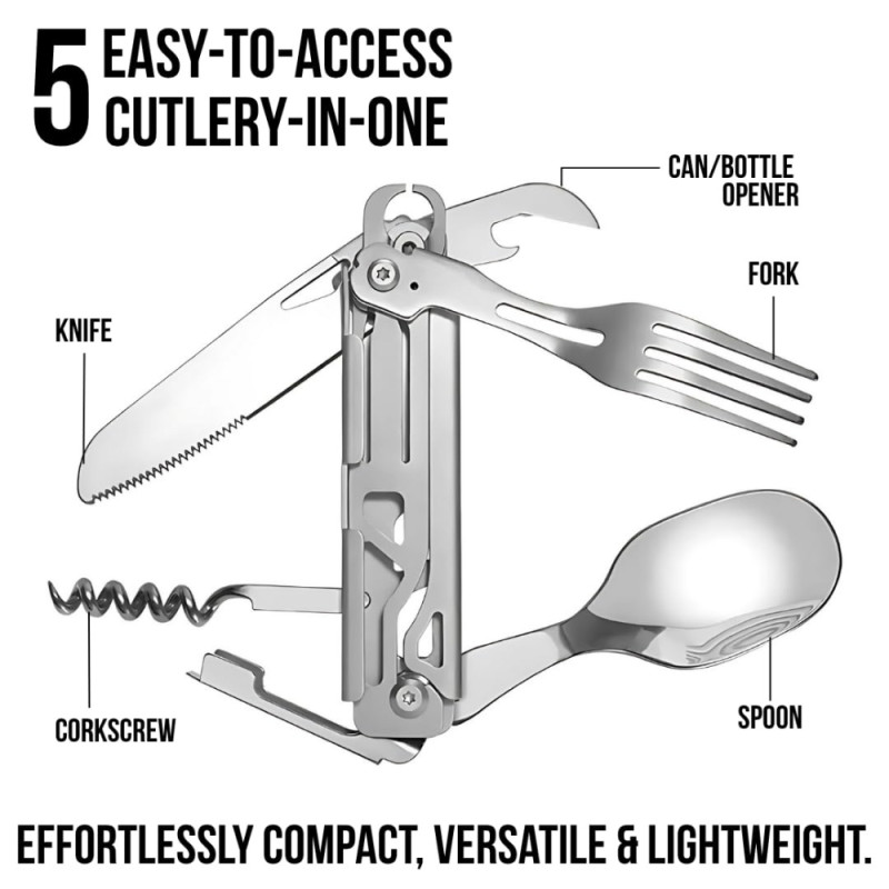 Stainless Steel Folding Camping Cutlery Multi-Tool – Silver (11.1x3.8cm)