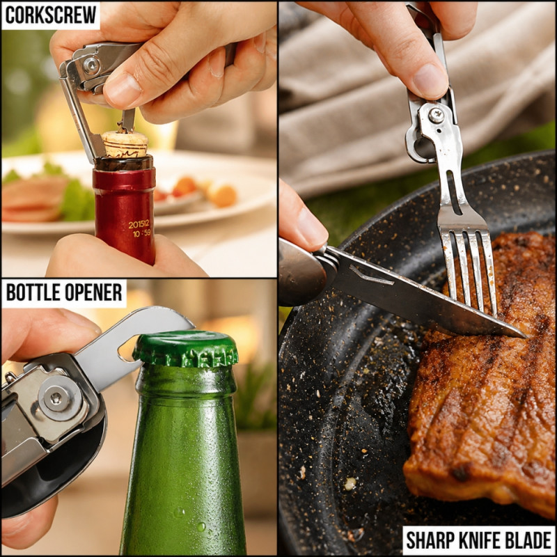 Stainless Steel Folding Camping Cutlery Multi-Tool – Silver (11.1x3.8cm)