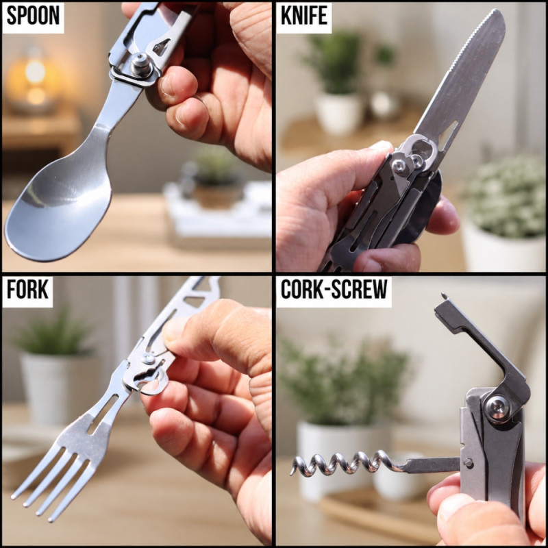 Stainless Steel Folding Camping Cutlery Multi-Tool – Silver (11.1x3.8cm)