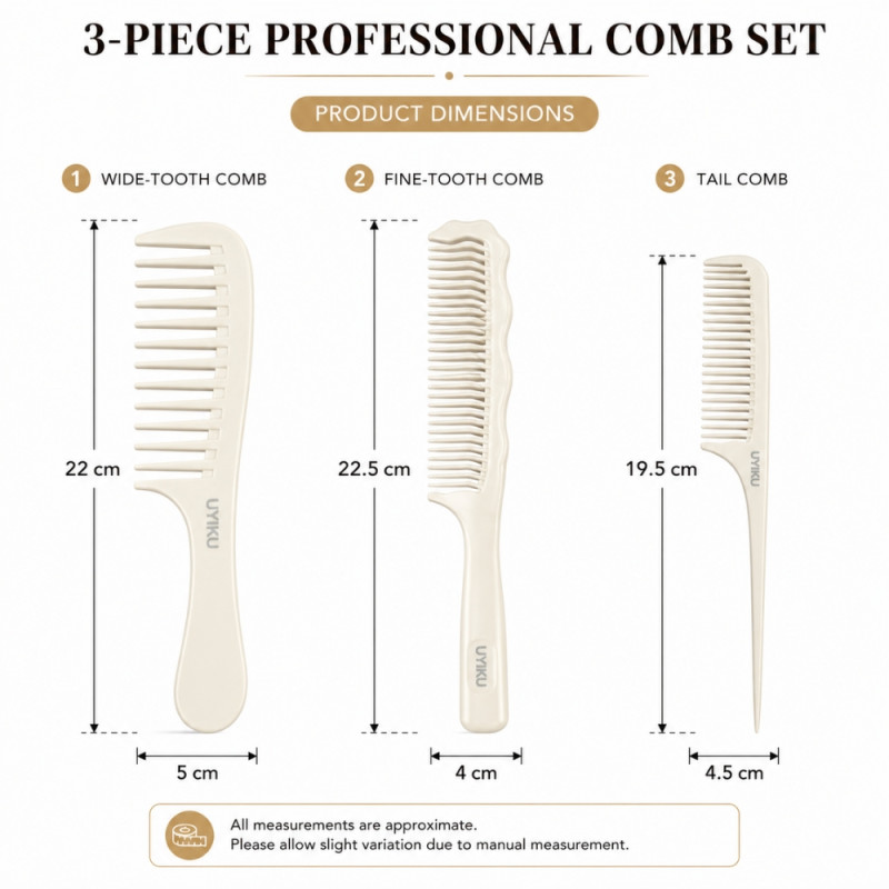 Professional 3-Piece Hair Styling Comb Set – Ivory