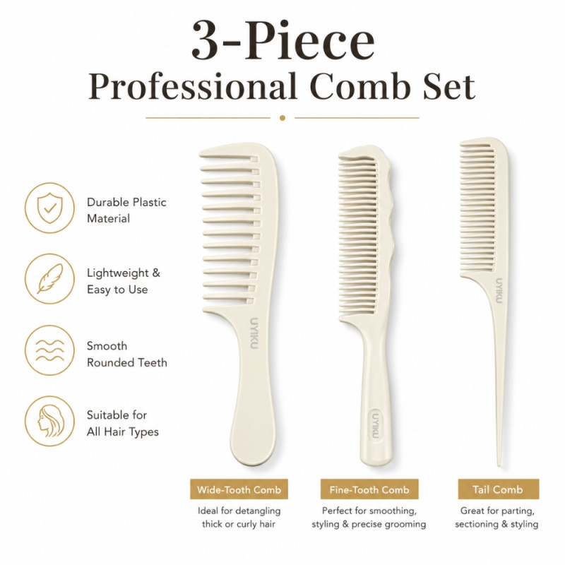 Professional 3-Piece Hair Styling Comb Set – Ivory