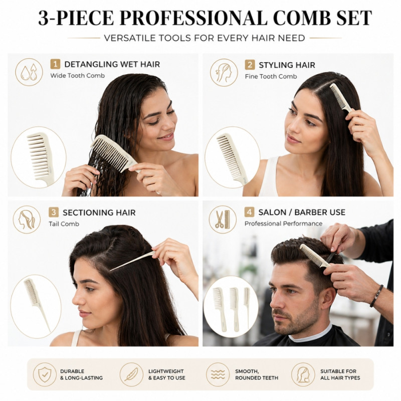 Professional 3-Piece Hair Styling Comb Set – Ivory