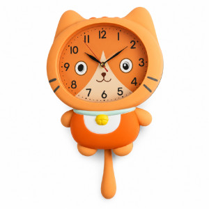 Cat-Themed Pendulum Wall Clock with Orange Feline Design – 23 x 39 cm