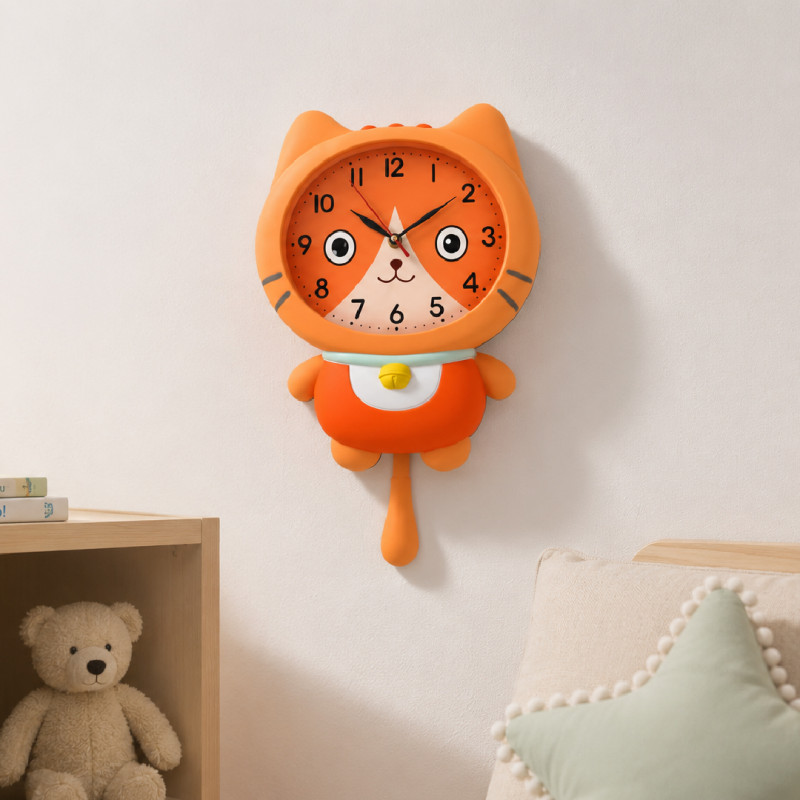 Cat-Themed Pendulum Wall Clock with Orange Feline Design – 23 x 39 cm