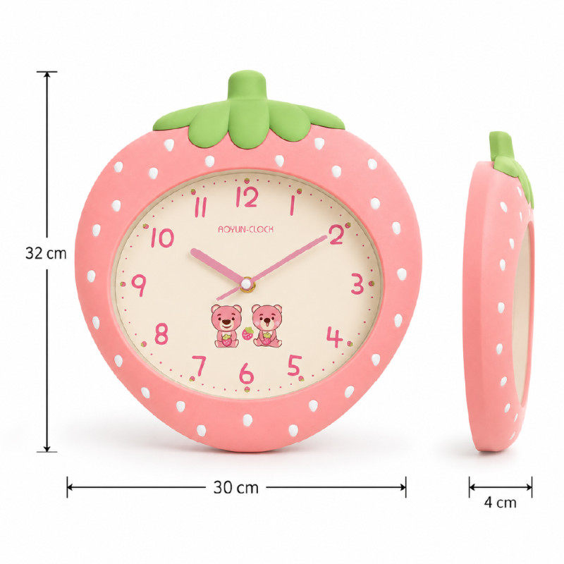 Strawberry-Shaped Cartoon Wall Clock featuring Silent, Non-Ticking Movement – 32 x 30 cm