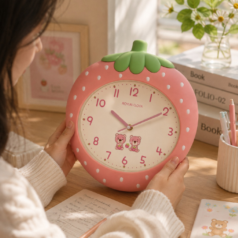 Strawberry-Shaped Cartoon Wall Clock featuring Silent, Non-Ticking Movement – 32 x 30 cm