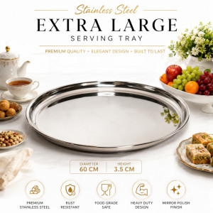 Stainless Steel Round Serving Tray – Mirror Polish Silver (60 x 3.5cm)