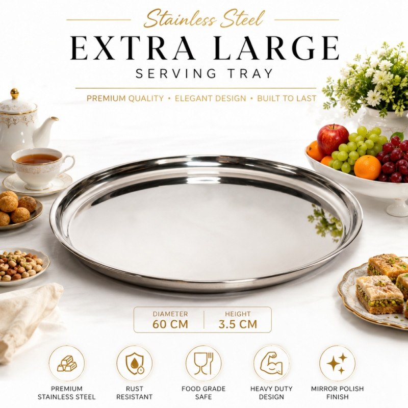 Stainless Steel Round Serving Tray – Mirror Polish Silver (60 x 3.5cm)