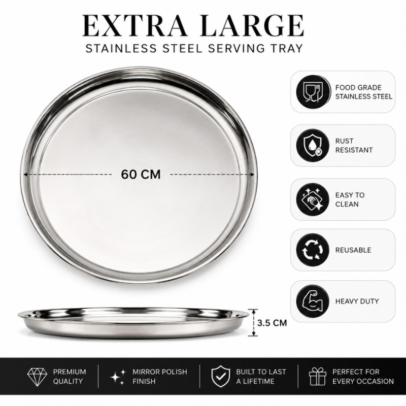 Stainless Steel Round Serving Tray – Mirror Polish Silver (60 x 3.5cm)