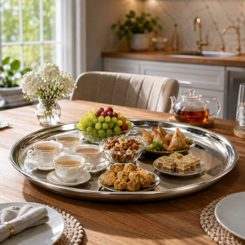 Stainless Steel Round Serving Tray – Mirror Polish Silver (60 x 3.5cm)