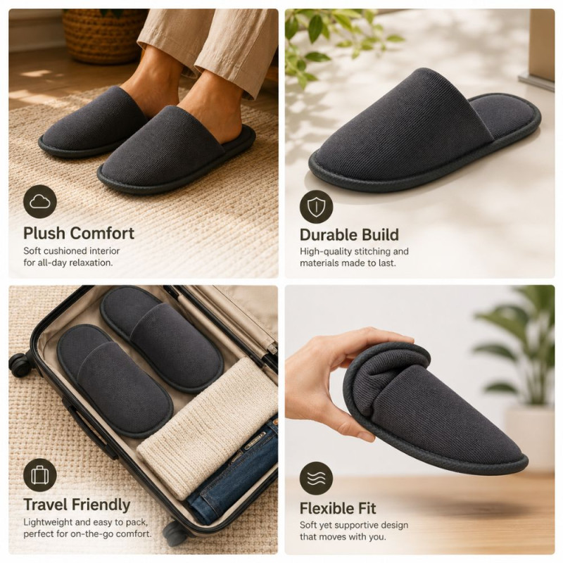Black Disposable Hotel or Spa Slippers Featuring a Closed-Toe Design – 29 x 11 cm