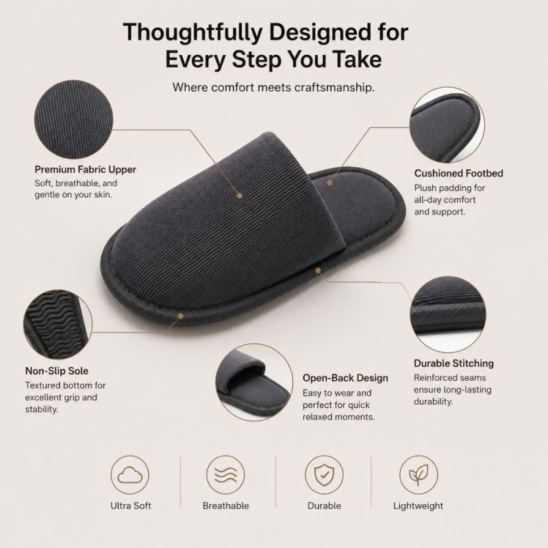 Black Disposable Hotel or Spa Slippers Featuring a Closed-Toe Design – 29 x 11 cm