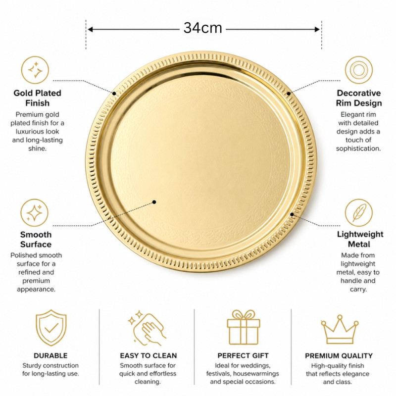 Elegant Gold-Plated Round Serving Tray – Decorative Rim (34cm)