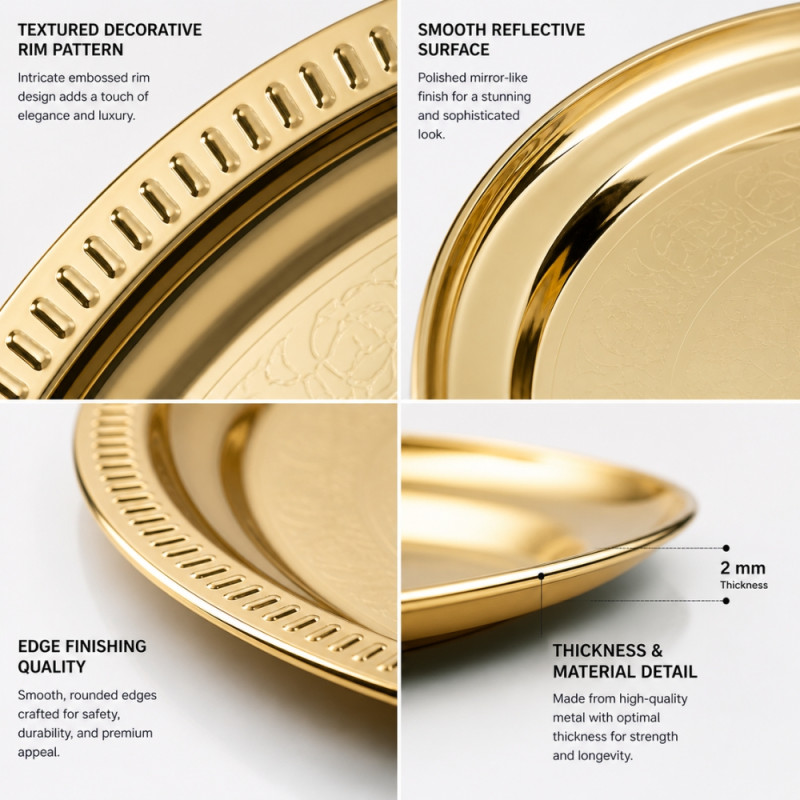 Elegant Gold-Plated Round Serving Tray – Decorative Rim (34cm)