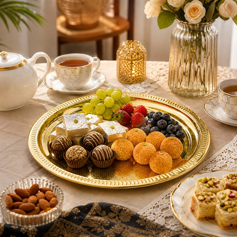 Elegant Gold-Plated Round Serving Tray – Decorative Rim (34cm)