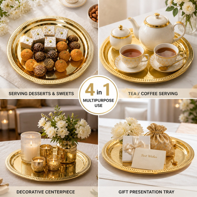 Elegant Gold-Plated Round Serving Tray – Decorative Rim (34cm)