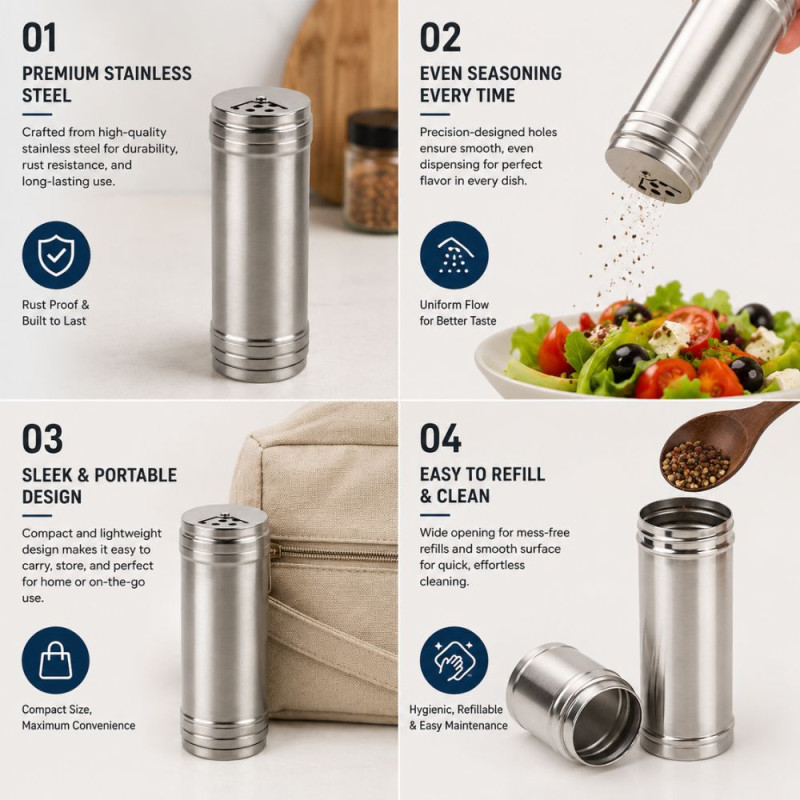 Stainless Steel Spice Shaker with Rotatable Lid – 20x6cm, Silver
