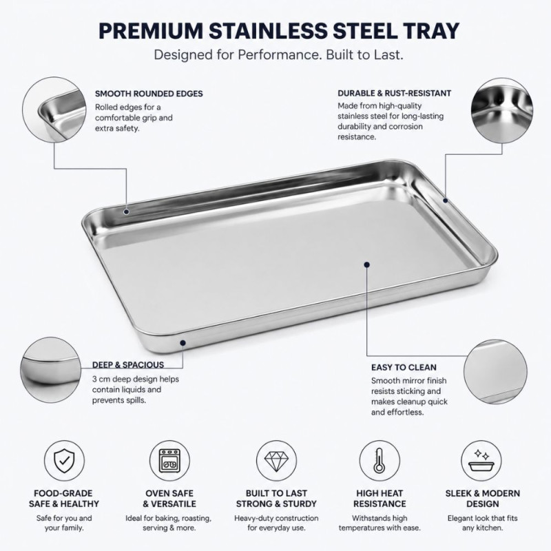 GRILLTIDER Stainless Steel Baking Sheet & Serving Tray – Professional Grade (44x30x3cm)