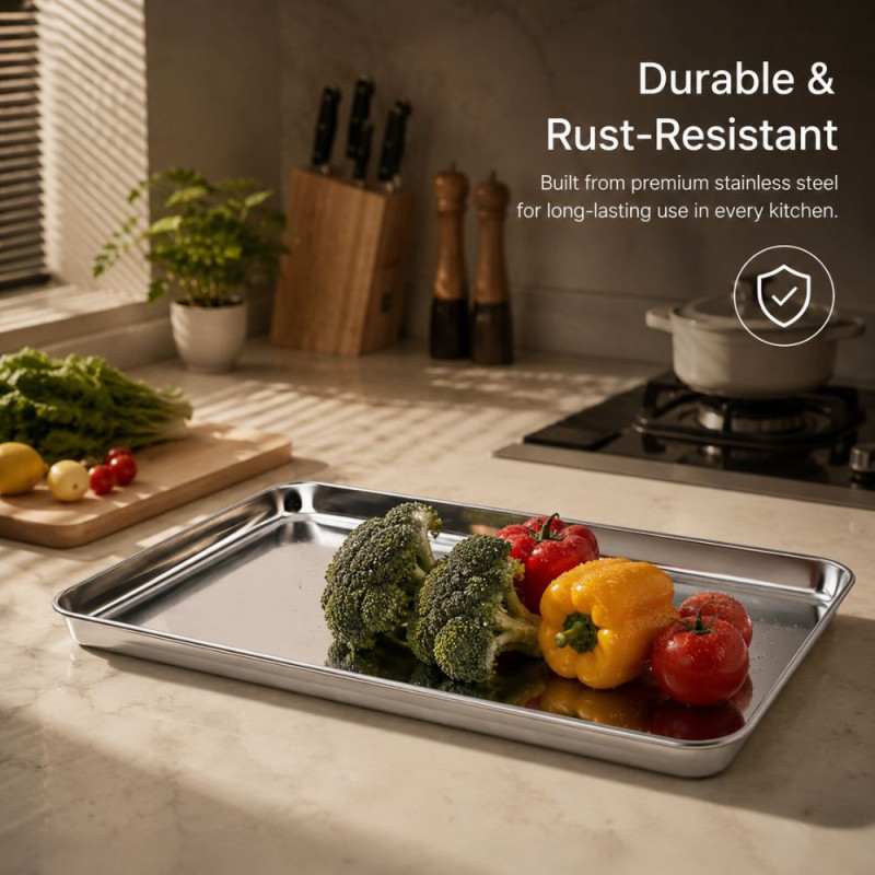 GRILLTIDER Stainless Steel Baking Sheet & Serving Tray – Professional Grade (44x30x3cm)