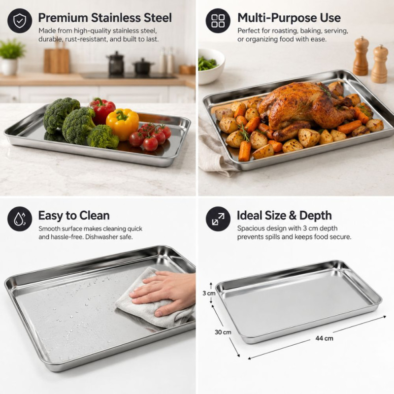 GRILLTIDER Stainless Steel Baking Sheet & Serving Tray – Professional Grade (44x30x3cm)