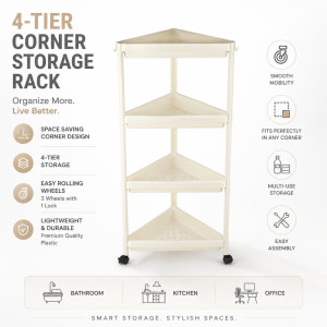 4-Tier Vertical Plastic Storage Rack with Caster Wheels – 103 x 44cm – White & Black