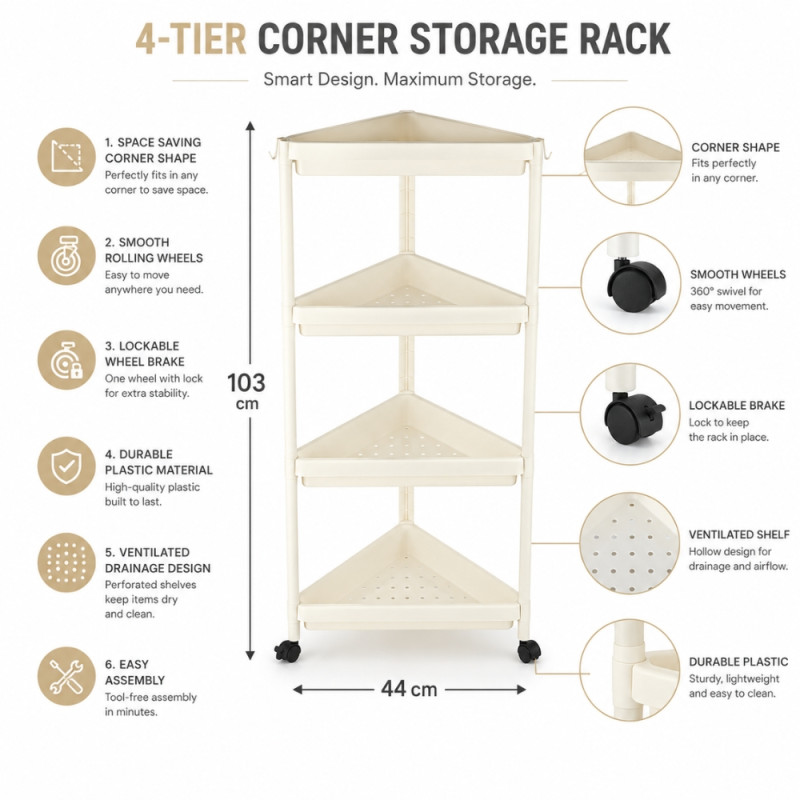 4-Tier Vertical Plastic Storage Rack with Caster Wheels – 103 x 44cm – White & Black