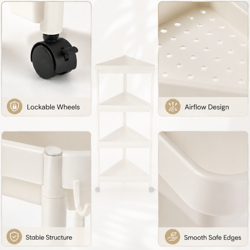 4-Tier Vertical Plastic Storage Rack with Caster Wheels – 103 x 44cm – White & Black