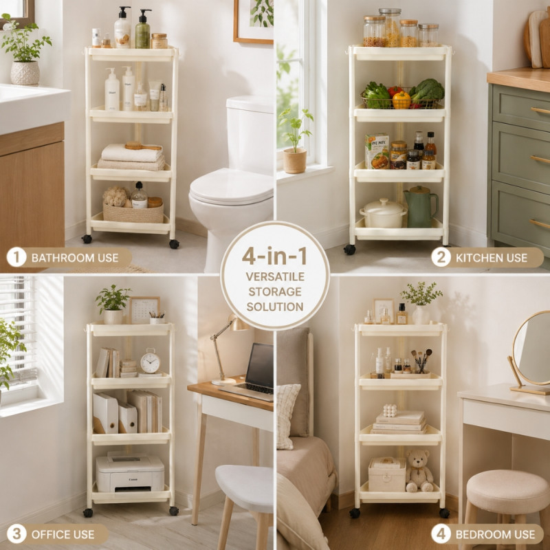 4-Tier Vertical Plastic Storage Rack with Caster Wheels – 103 x 44cm – White & Black