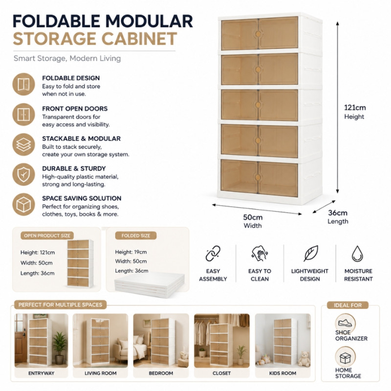 Foldable and Stackable Plastic Storage Cabinet for Closet Organization and Household Storage – 121 x 50 x 36cm – White