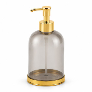 Elegant Gray-Tinted Glass Soap Dispenser – Gold Pump and Base – 18x8.5cm