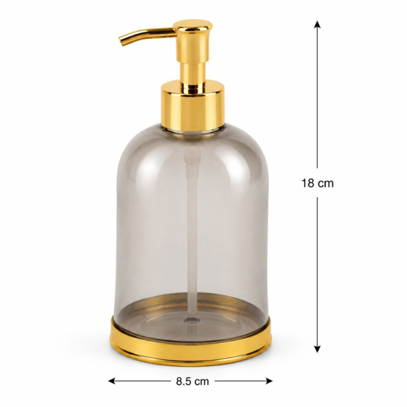 Elegant Gray-Tinted Glass Soap Dispenser – Gold Pump and Base – 18x8.5cm