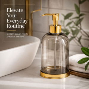 Elegant Gray-Tinted Glass Soap Dispenser – Gold Pump & Base – 18x8.5cm