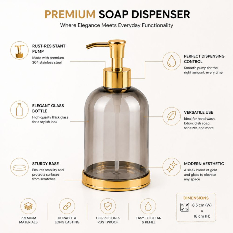 Elegant Gray-Tinted Glass Soap Dispenser – Gold Pump and Base – 18x8.5cm