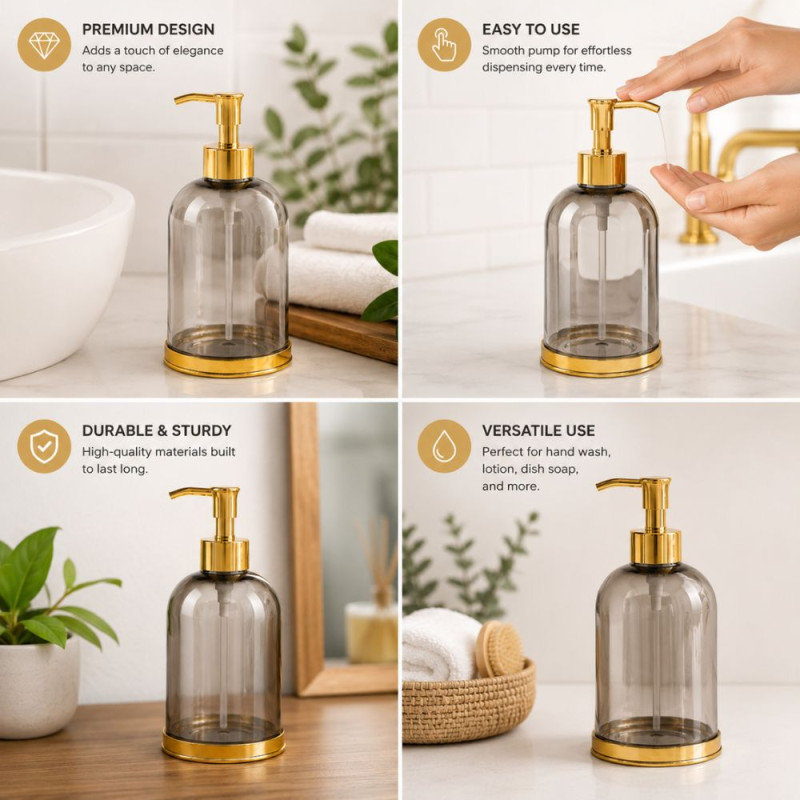 Elegant Gray-Tinted Glass Soap Dispenser – Gold Pump and Base – 18x8.5cm
