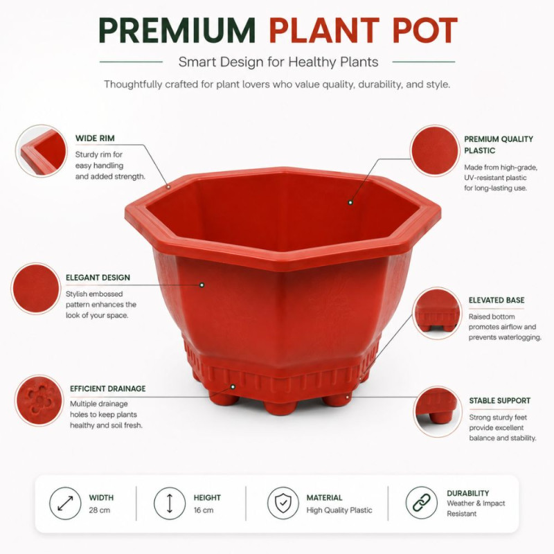 Modern Hexagonal Brown Plastic Planter – Durable Flowerpot (28x16cm)