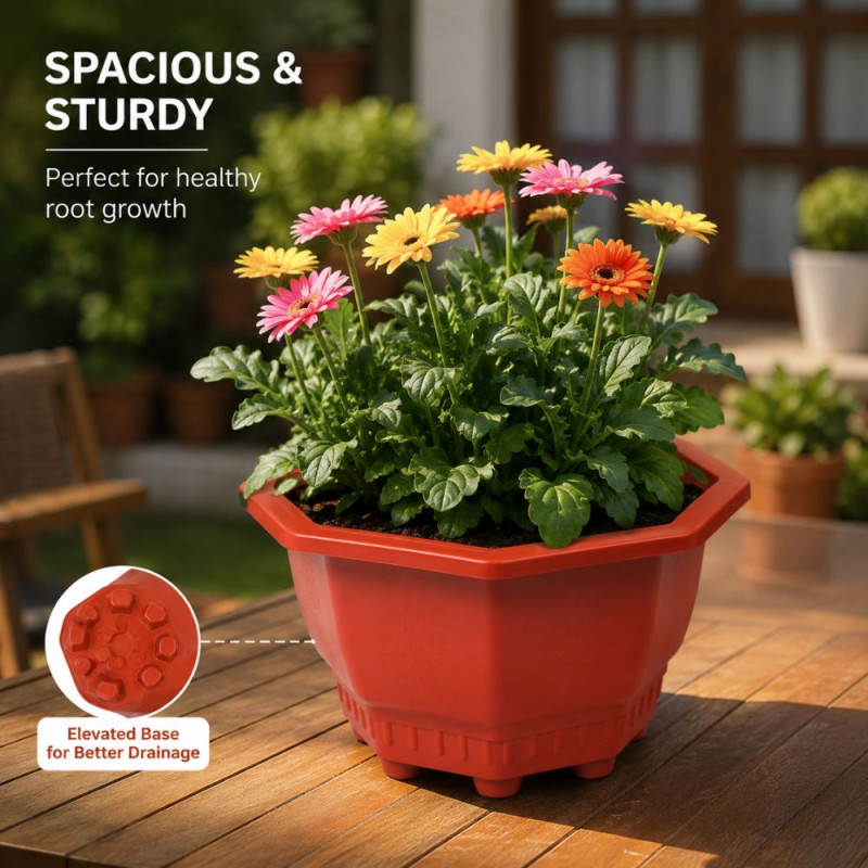 Modern Hexagonal Brown Plastic Planter – Durable Flowerpot (28x16cm)
