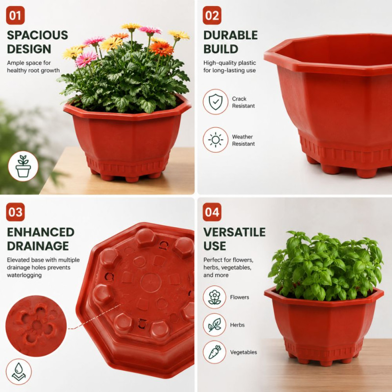 Modern Hexagonal Brown Plastic Planter – Durable Flowerpot (28x16cm)