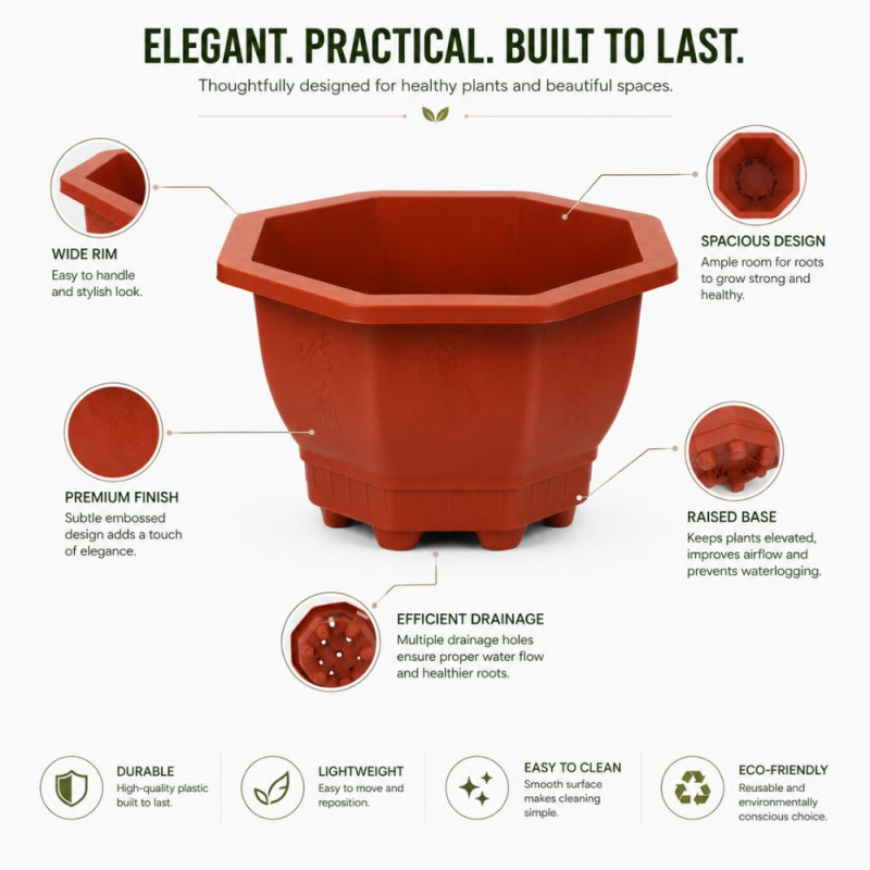 Cosmoplast Octagonal Plastic Flowerpot – Durable Brown Planter (21x11.5cm)