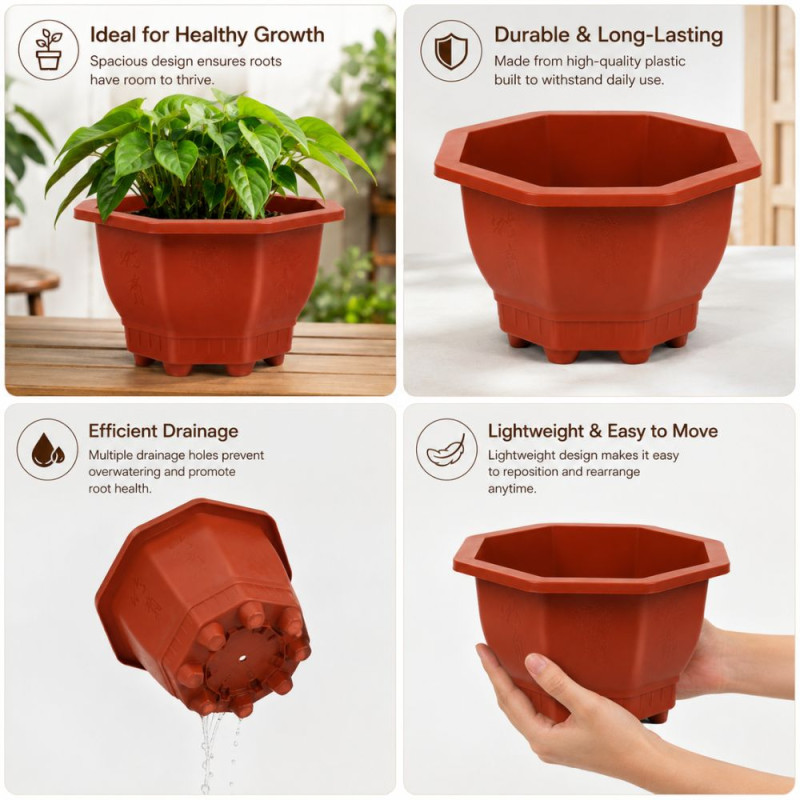 Cosmoplast Octagonal Plastic Flowerpot – Durable Brown Planter (21x11.5cm)