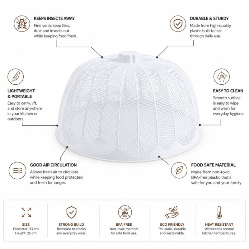 Leaf-Embossed White Food Cover – Protective Polypropylene Mesh (33x25cm)