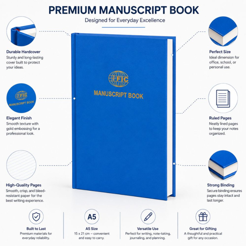 Premium Blue Hardbound Manuscript Book – Gold Embossed Detailing (21x15cm)