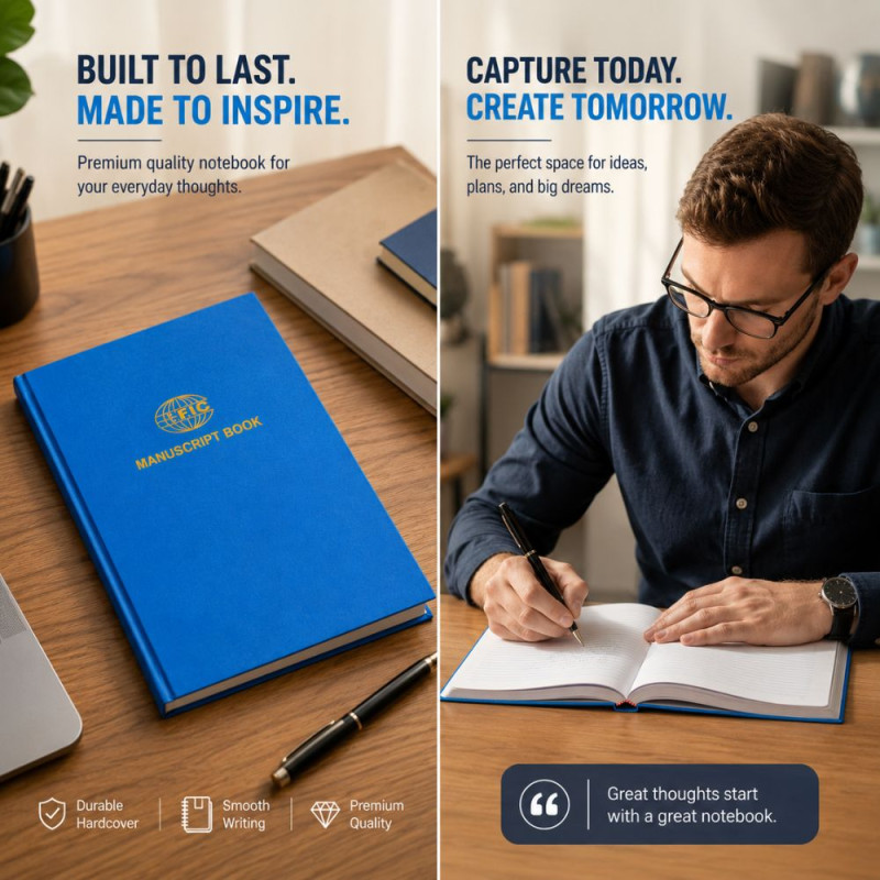 Premium Blue Hardbound Manuscript Book – Gold Embossed Detailing (21x15cm)