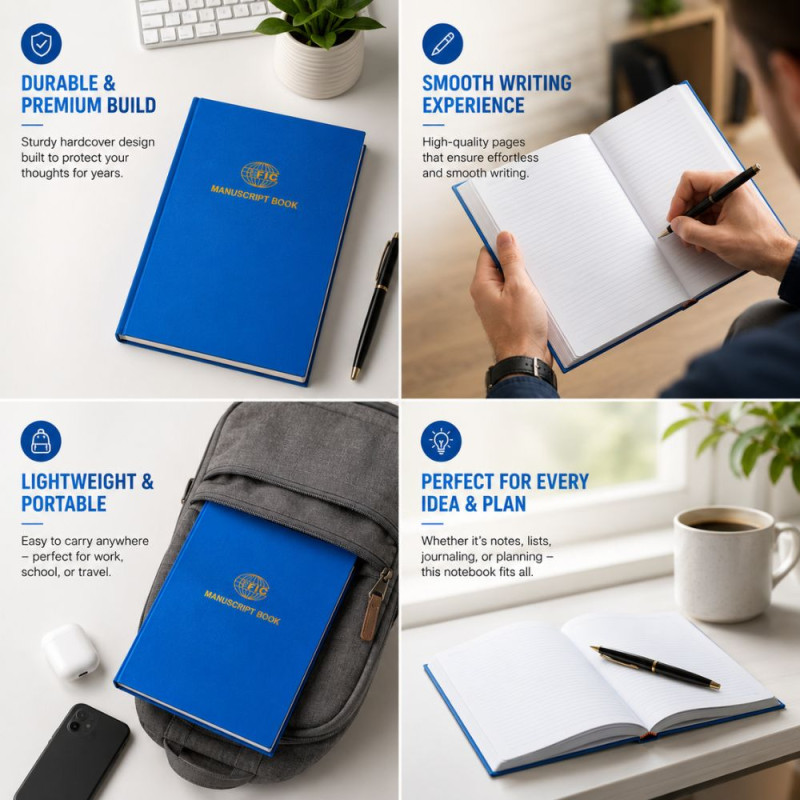 Premium Blue Hardbound Manuscript Book – Gold Embossed Detailing (21x15cm)