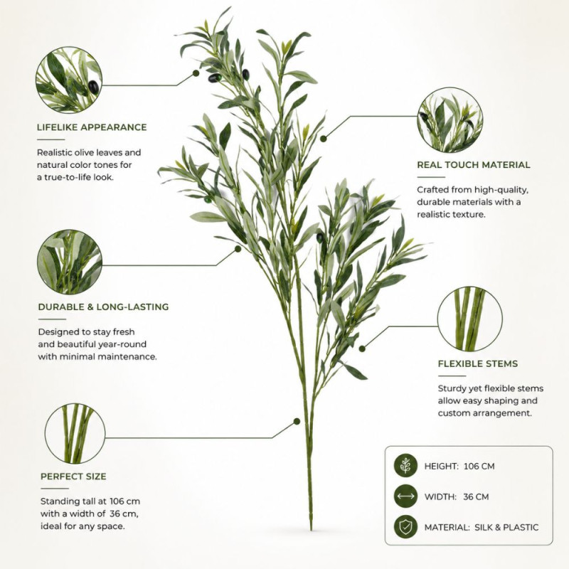 Premium Long-Stem Artificial Olive Branches with Fruits – Realistic Greenery – 106x36cm
