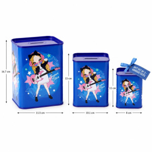 Legacy set of three cartoon-themed blue metal piggy banks in varying sizes – Blue (L-16.7cm×11.5cm
M-15cm×10.1cm
S-11 cm×8cm)