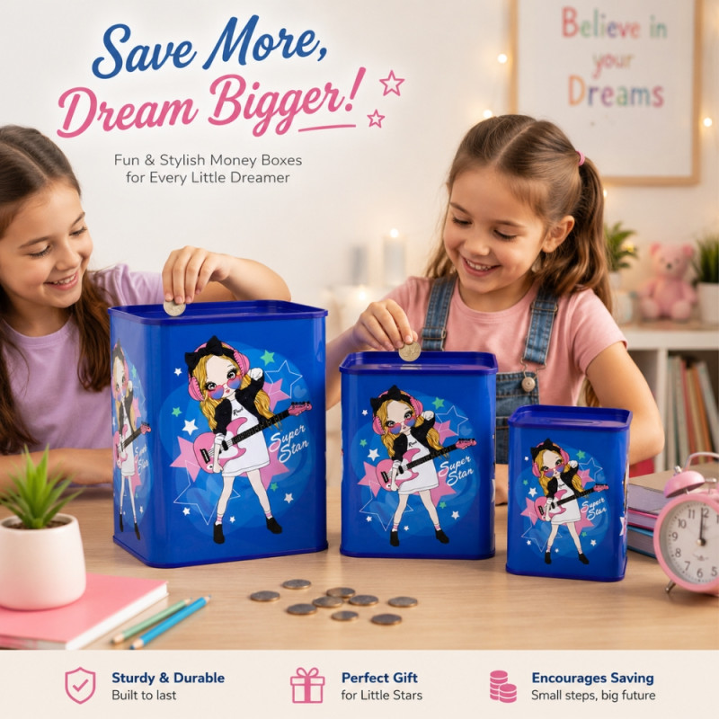 Legacy set of three cartoon-themed blue metal piggy banks in varying sizes – Blue (L-16.7cm×11.5cm
 M-15cm×10.1cm
 S-11 cm×8cm)