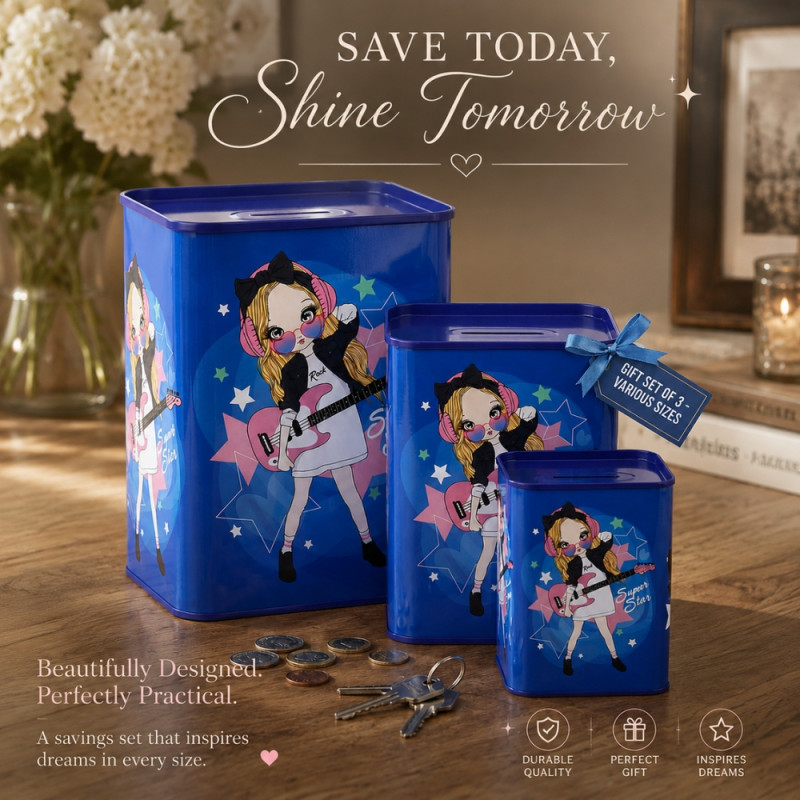 Legacy set of three cartoon-themed blue metal piggy banks in varying sizes – Blue (L-16.7cm×11.5cm
 M-15cm×10.1cm
 S-11 cm×8cm)