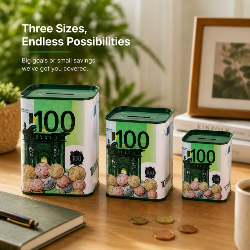 Whimsical Decorative Tinplate Money Boxes – 100 Euro Banknote Design (3-Piece Set)