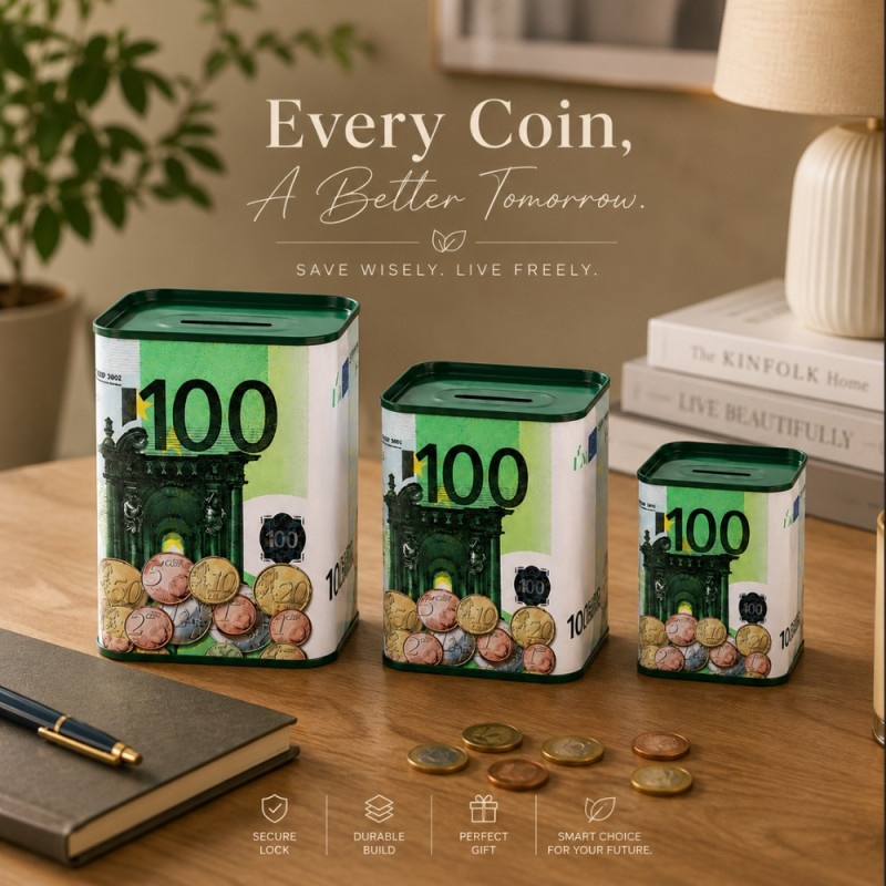 Whimsical Decorative Tinplate Money Boxes – 100 Euro Banknote Design (3-Piece Set)