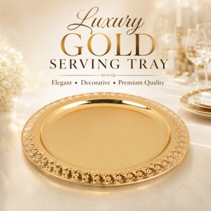 Luxury Round Golden Decorative Serving Tray – Brass & Silver Accents (34cm) Luxury Round Golden Decorative Serving Tray – Brass & Silver Accents (34cm)